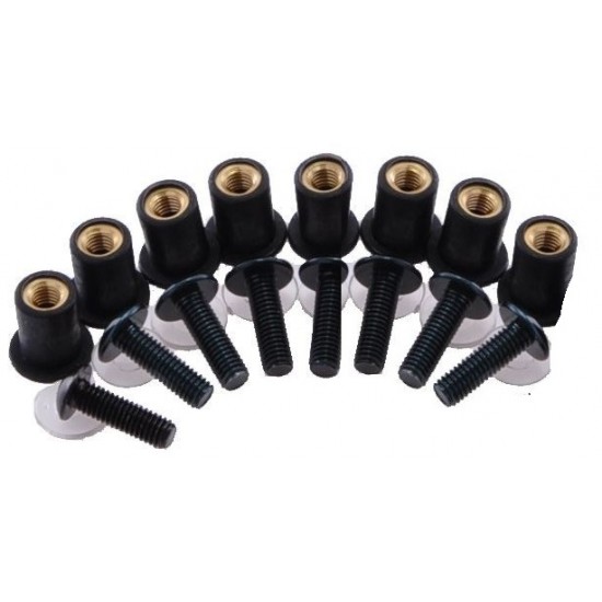 Windshield bolts -WM- for mica, black, M5x0.8, length 14mm, 8 pieces, kit with washers and nuts