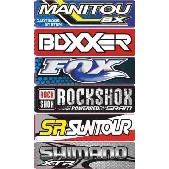 Стикери комплект -PLUS2HP- Manitou SX, Boxxer, Fox, Rockshox, SR Suntour, Shimano, размер - 100x165mm