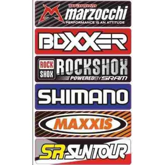 Стикери комплект -PLUS2HP- Marzocchi, Boxxer, Rockshox, Shimano, Maxxis, SR Suntour, размер - 75x125mm